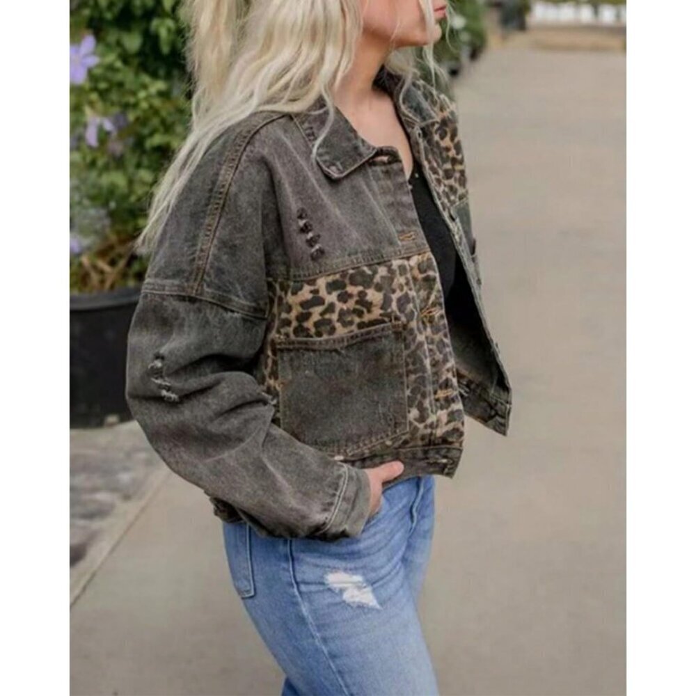 Women's Loose Button Down Cropped Denim Jacket Long Sleeves Cheetah Grey - Picture 5 of 6